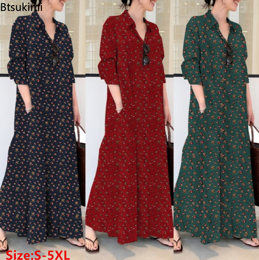 Casual Loose Linen Shirt Dress - Novo Vestido Longo Estampado para Mulheres,