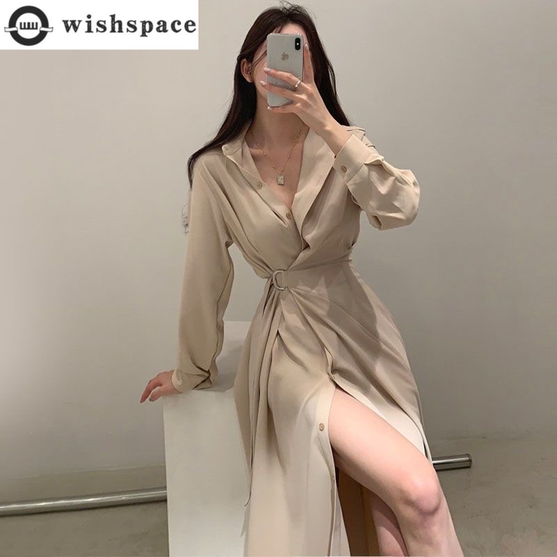 Korean Style A Line Shirt Dress - Camisa de lapela de manga comprida