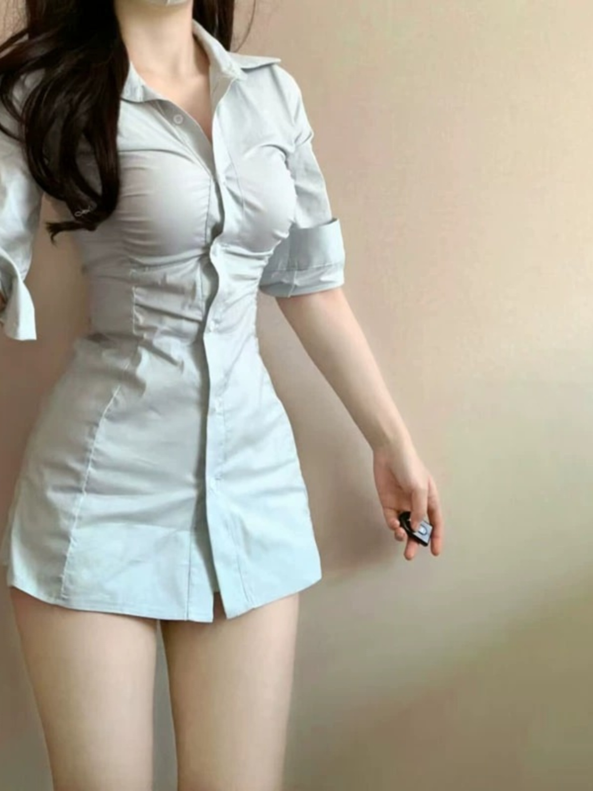 Korean Style A Line Shirt Dress - Vestido Chemise Sexy Plissado com Cintura