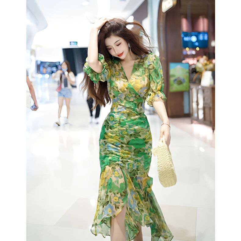 French Vintage Floral Midi Dress - Novo estilo de moda verão vestido