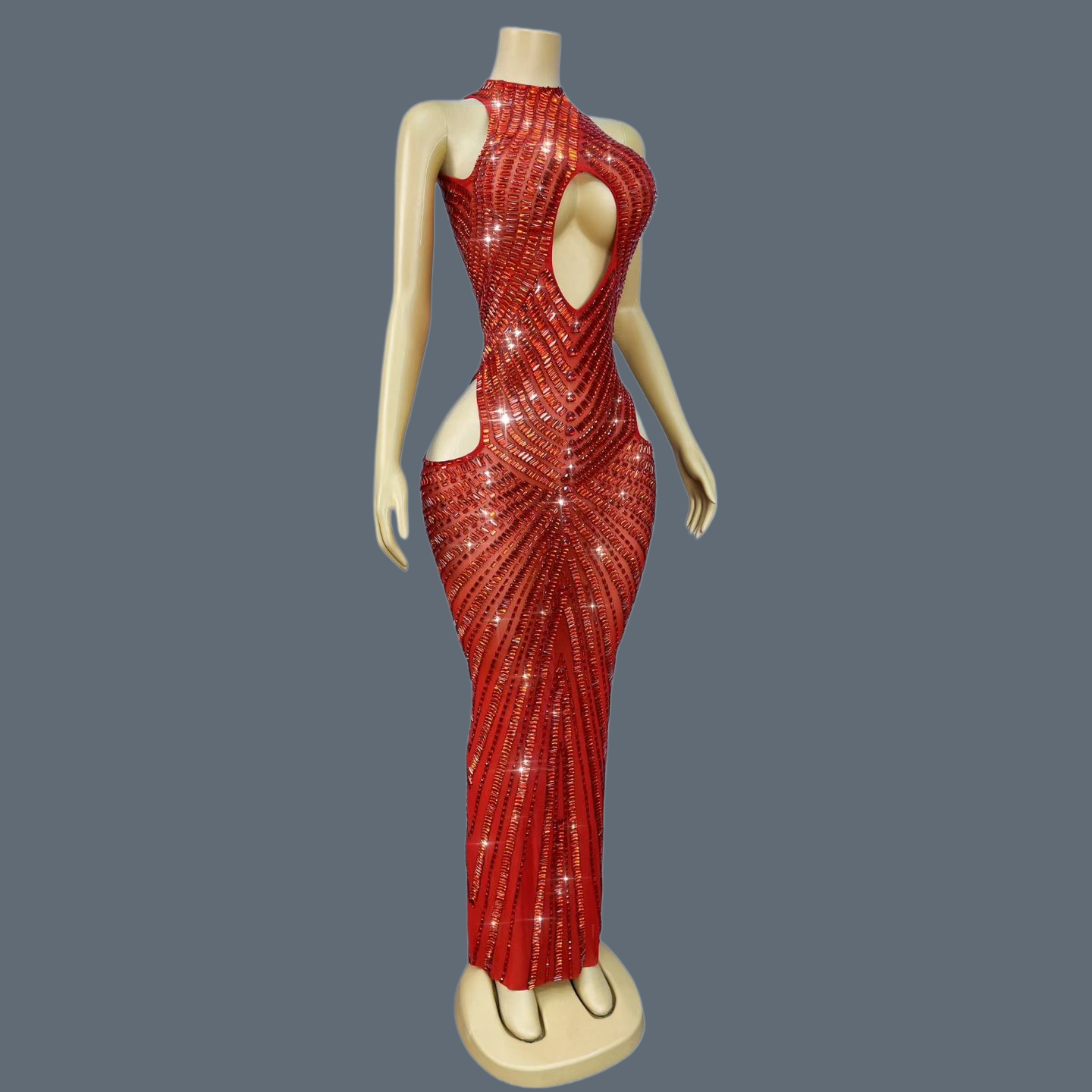 Sparkly Rhinestone Club Party Dress - Vestido Sereia Luxuoso Vermelho com Strass