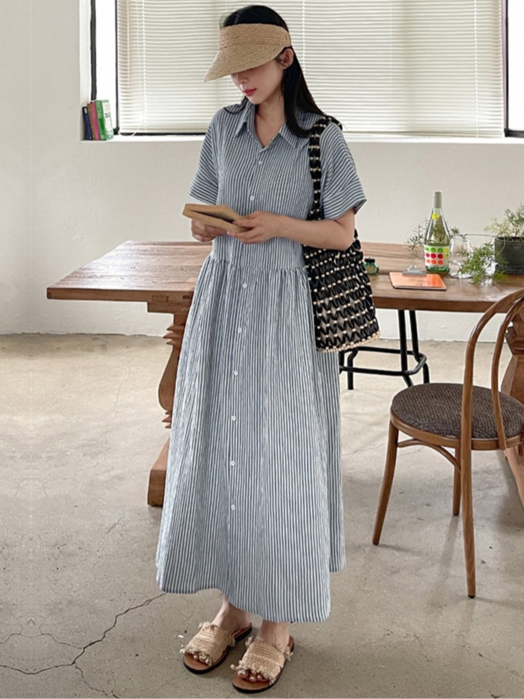Vestido Camisa Listrado Estilo - Korean Style A Line Shirt Dress avaliação e preço