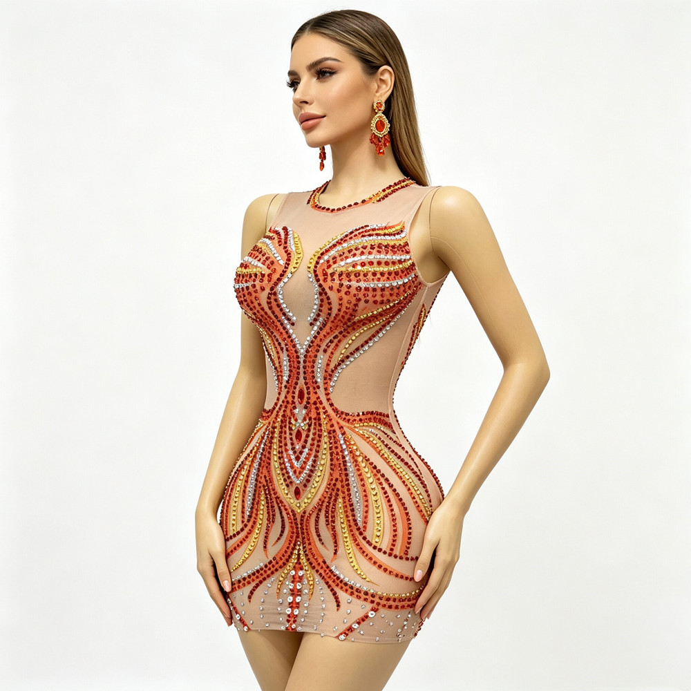 Vestido Mini Transparente com  - Sparkly Rhinestone Club Party Dress avaliação e preço