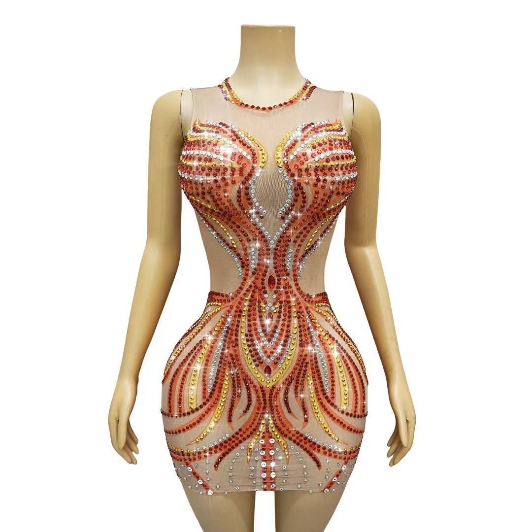 Vestido Mini Transparente com  - Sparkly Rhinestone Club Party Dress avaliação e preço