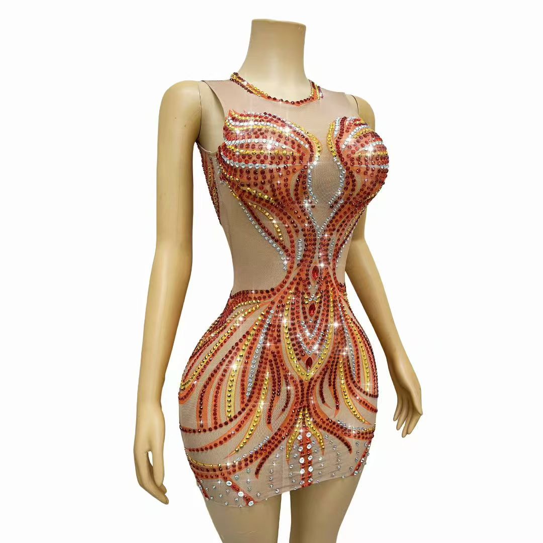 Vestido Mini Transparente com  - Sparkly Rhinestone Club Party Dress avaliação e preço