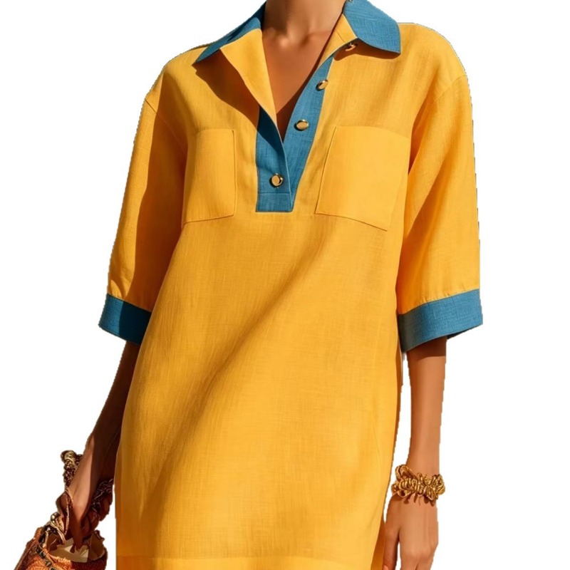 Vestido Polo Feminino Elegante - Casual Loose Linen Shirt Dress avaliação e preço