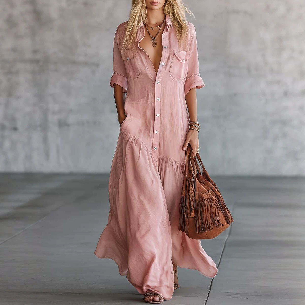 Vestido Camisa Maxi Feminino d - Casual Loose Linen Shirt Dress avaliação e preço