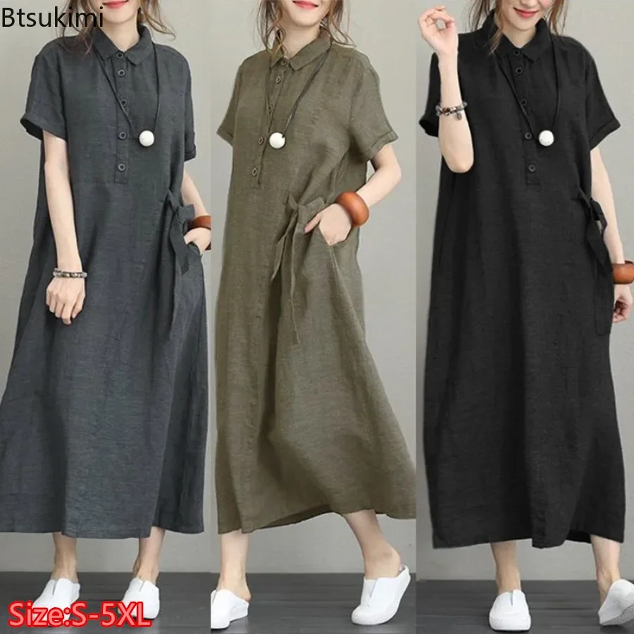 Vestido Longo Feminino de Verã - Casual Loose Linen Shirt Dress avaliação e preço