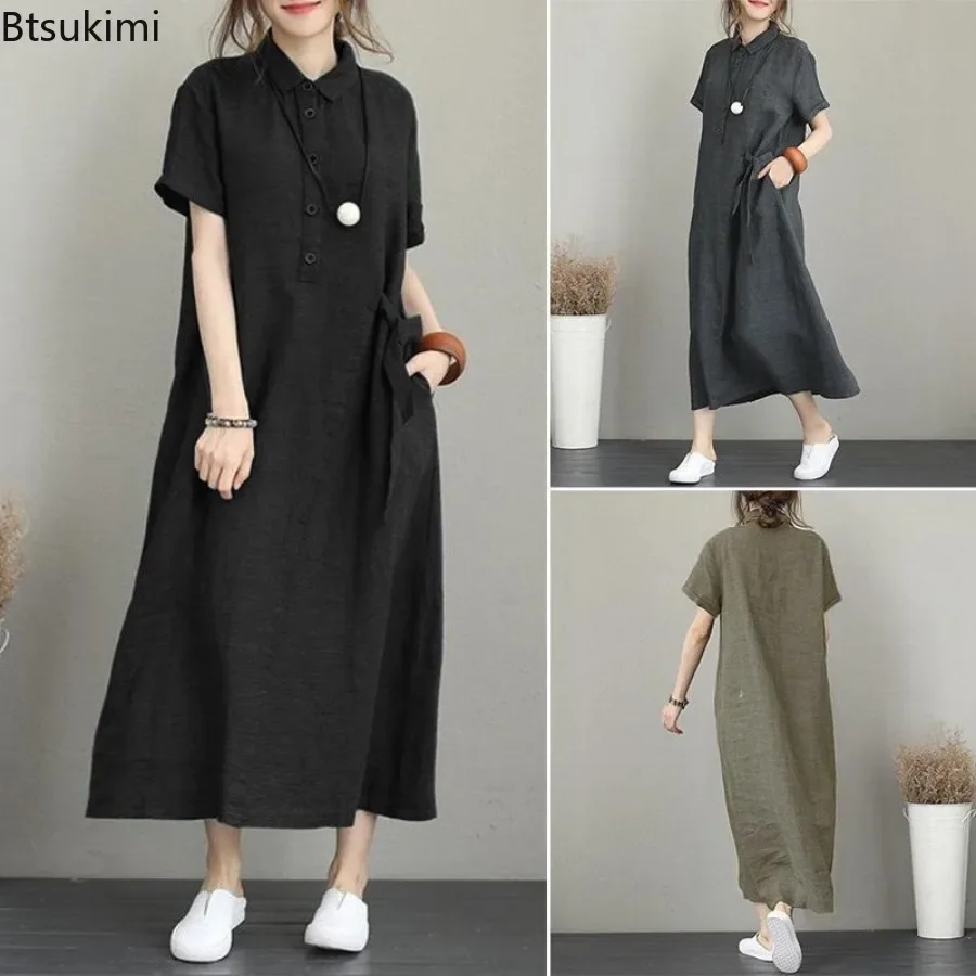 Vestido Longo Feminino de Verã - Casual Loose Linen Shirt Dress avaliação e preço