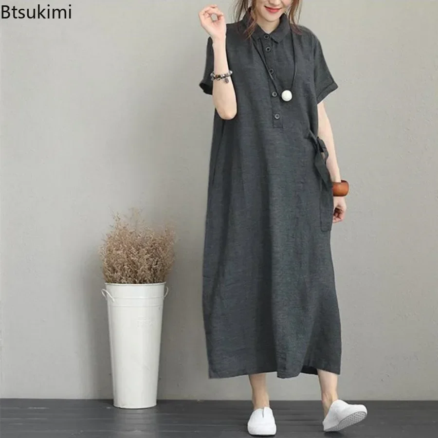 Vestido Longo Feminino de Verã - Casual Loose Linen Shirt Dress avaliação e preço