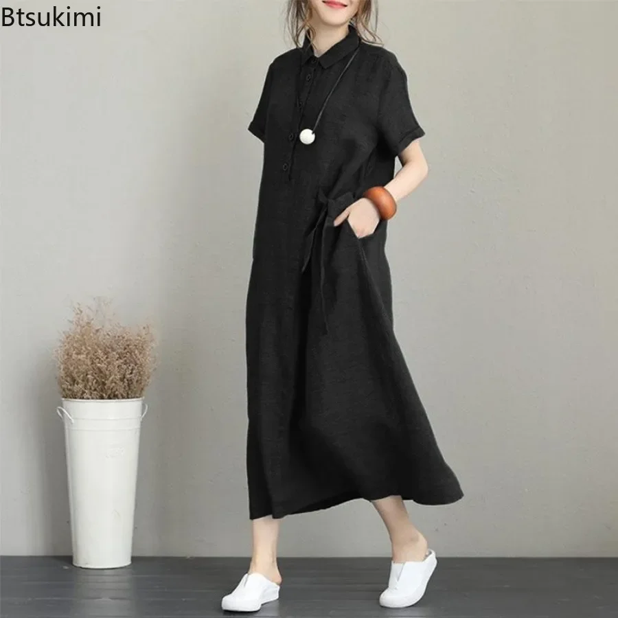 Vestido Longo Feminino de Verã - Casual Loose Linen Shirt Dress avaliação e preço