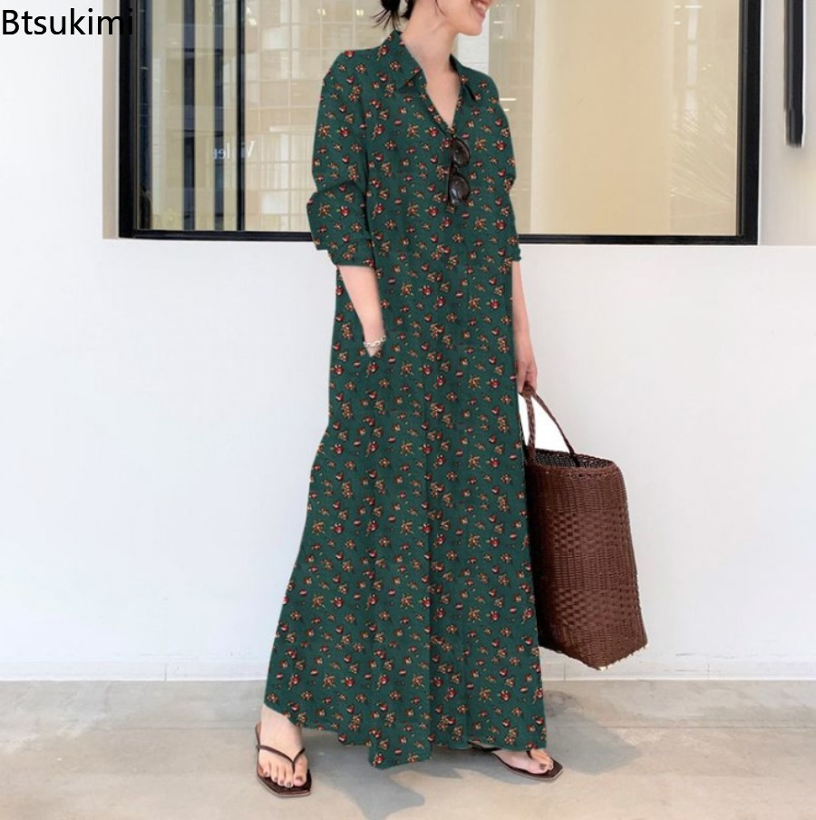 Novo Vestido Longo Estampado p - Casual Loose Linen Shirt Dress avaliação e preço
