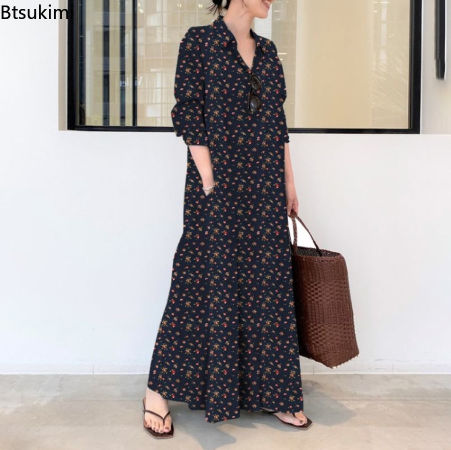 Novo Vestido Longo Estampado p - Casual Loose Linen Shirt Dress avaliação e preço