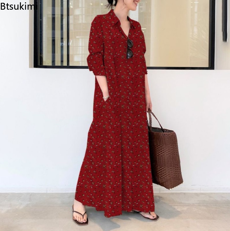 Novo Vestido Longo Estampado p - Casual Loose Linen Shirt Dress avaliação e preço