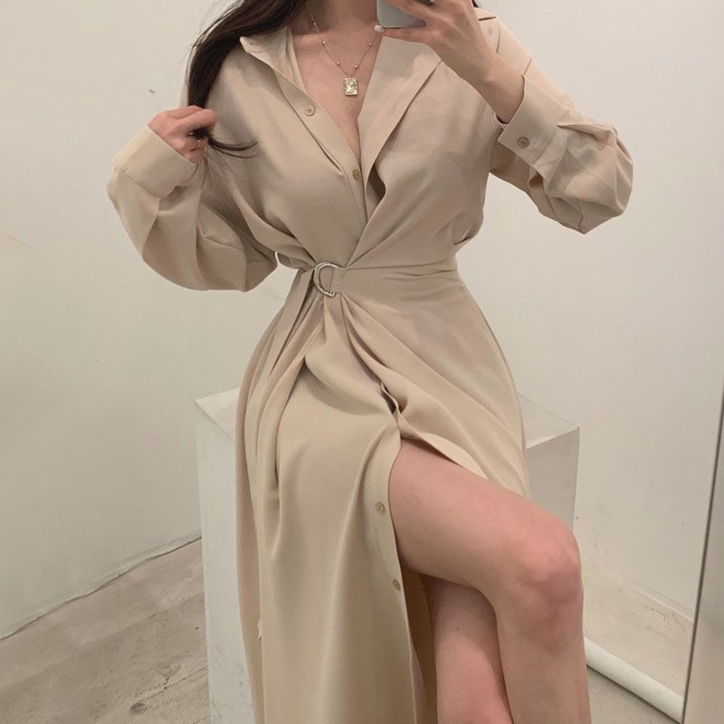 Camisa de lapela de manga comp - Korean Style A Line Shirt Dress avaliação e preço