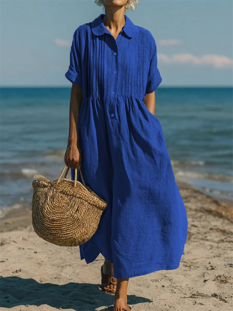 Vestido midi/maxi feminino com - Casual Loose Linen Shirt Dress avaliação e preço