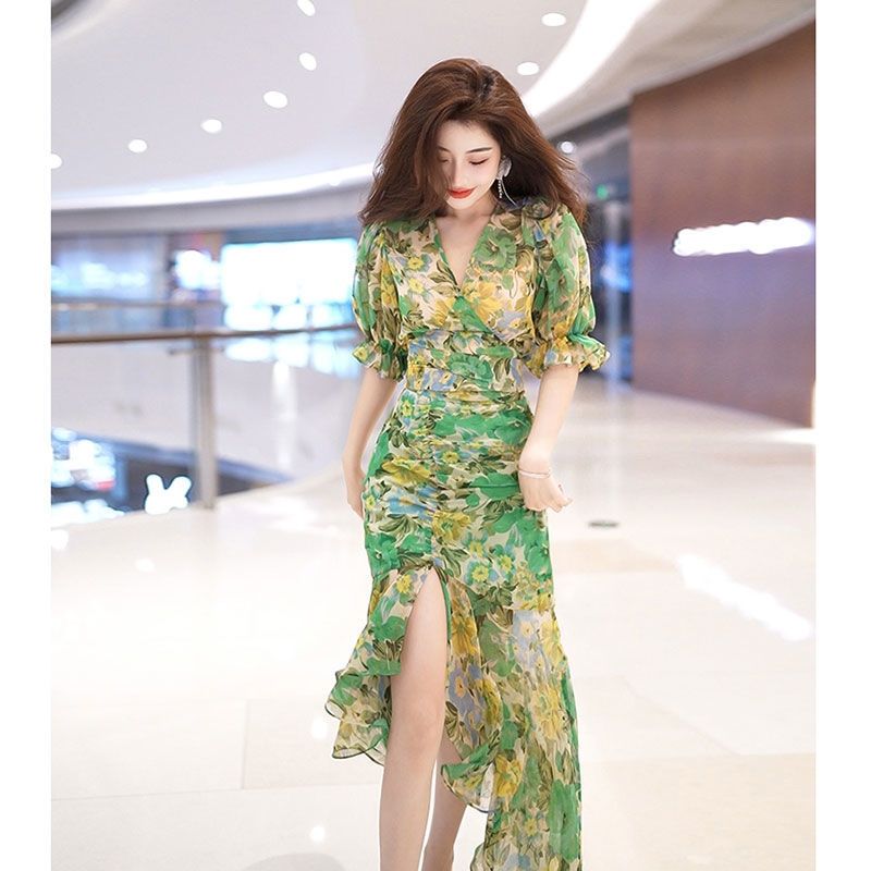 Novo estilo de moda verão vest - French Vintage Floral Midi Dress avaliação e preço