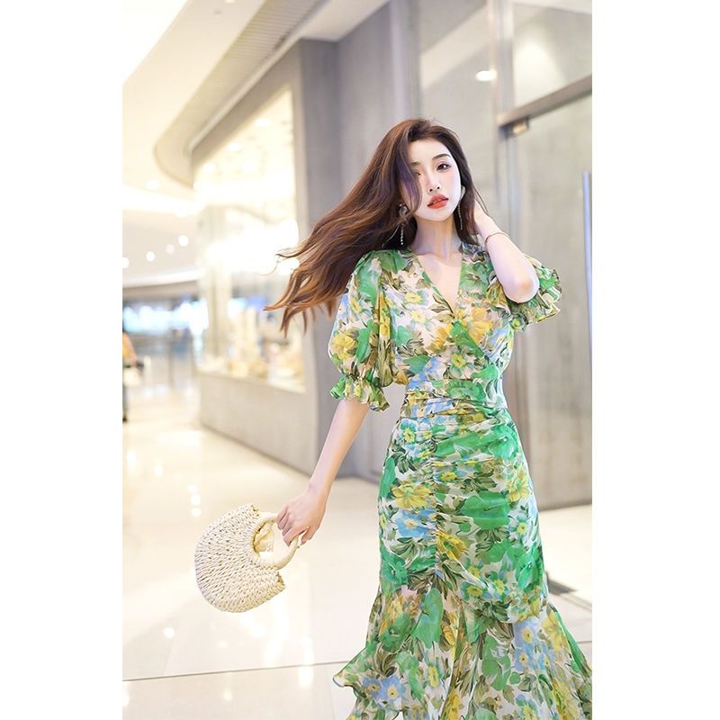 Novo estilo de moda verão vest - French Vintage Floral Midi Dress avaliação e preço