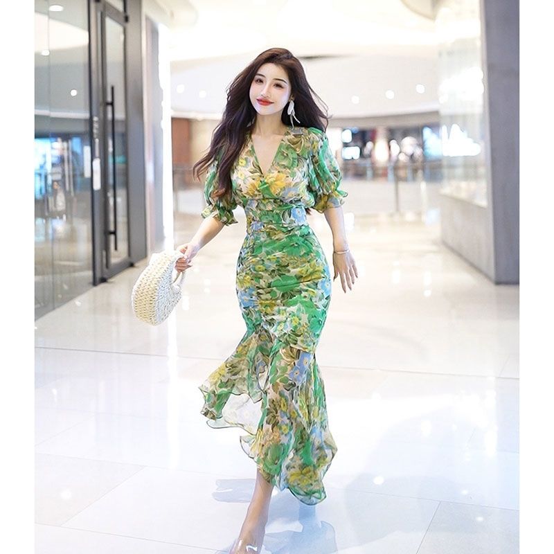Novo estilo de moda verão vest - French Vintage Floral Midi Dress avaliação e preço