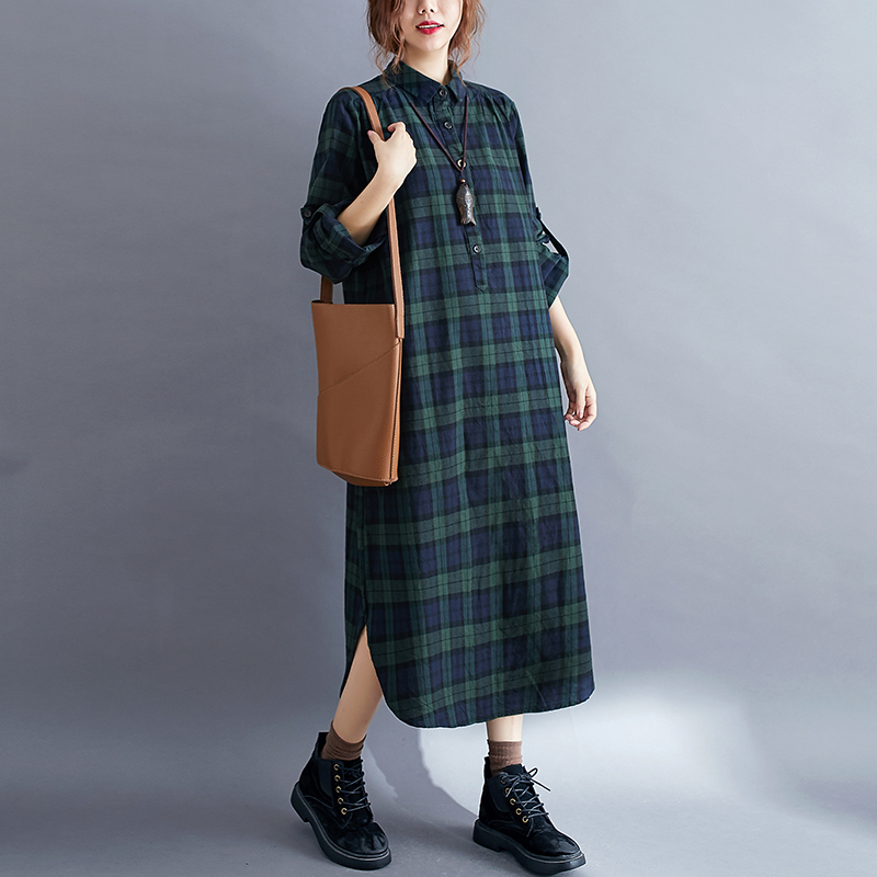 Vestido Casual Xadrez de Manga - Korean Style A Line Shirt Dress avaliação e preço