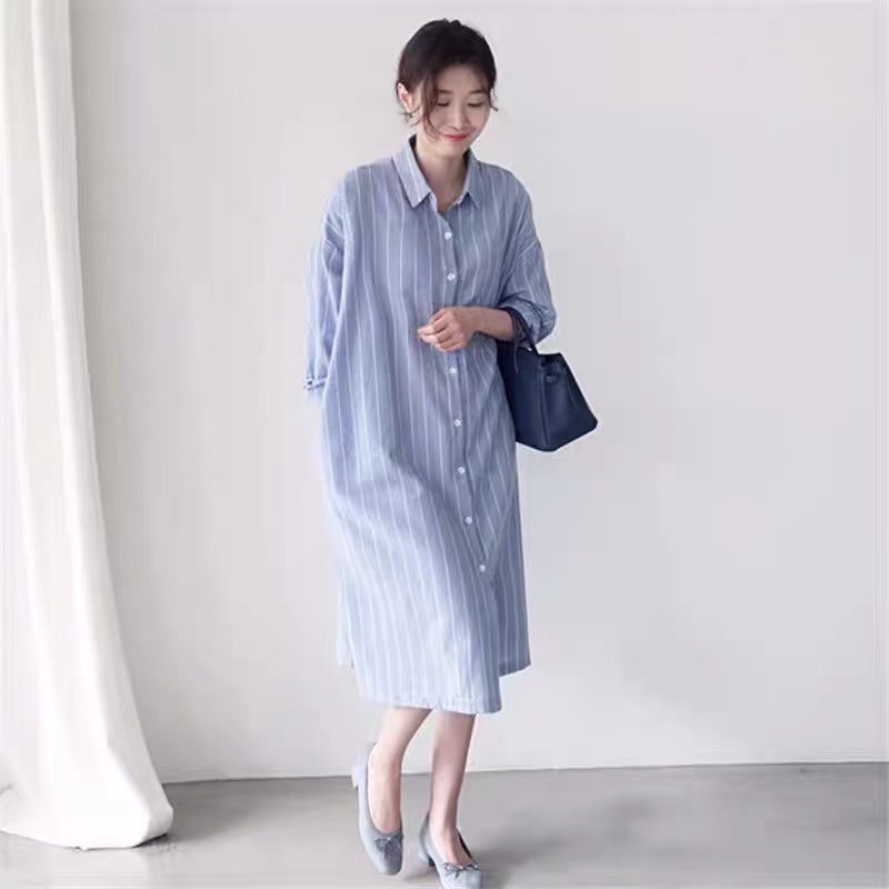 Vestido Camisa Listrado Azul F - Korean Style A Line Shirt Dress avaliação e preço