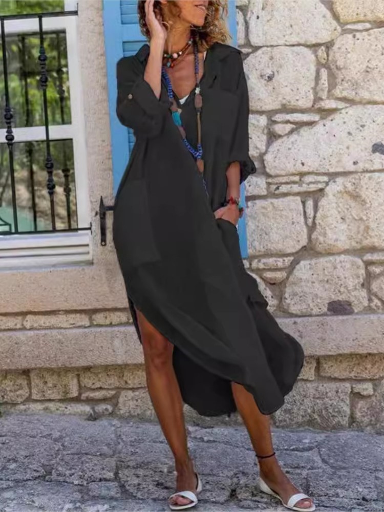 Vestido camisa feminina branca - Casual Loose Linen Shirt Dress avaliação e preço